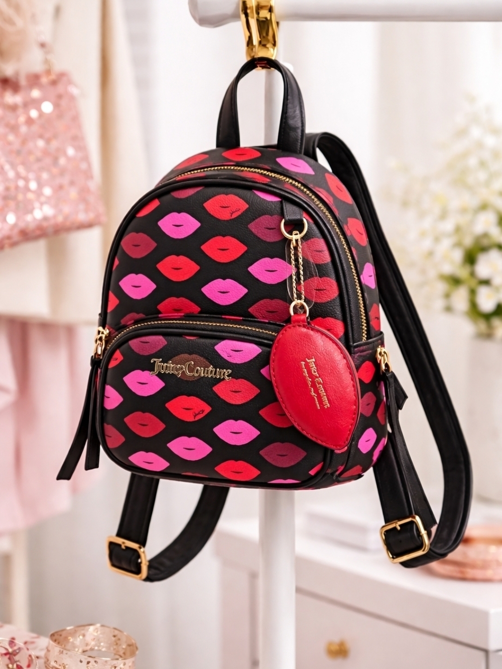 Juicy Couture Black Mini Backpack with Pink & Red Lip Pattern